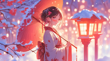 雪天撑伞的小姑娘素材