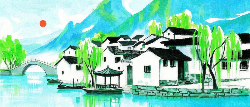 高清大图下载【趣麦麦图】暖阳下河畔白墙黑瓦的水乡景致