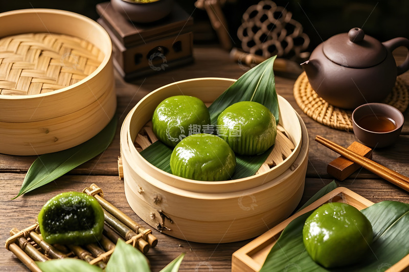 高清大图下载【趣麦麦图】竹蒸笼里的青团清明节摄影