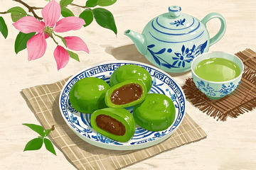 青花盘上的青团清明节插画