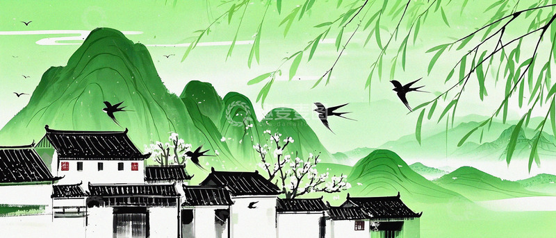 高清大图下载【趣麦麦图】水墨风的春日村落插画