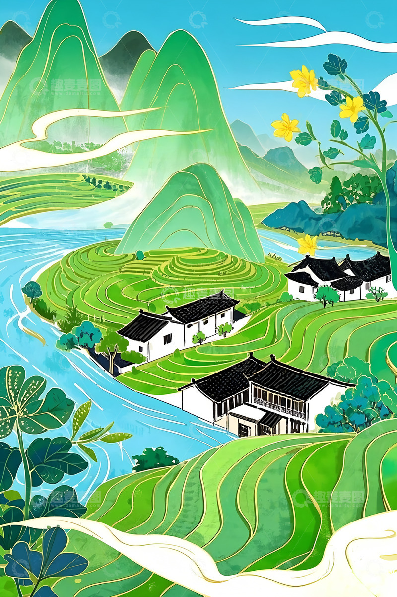 高清大图下载【趣麦麦图】田园中的村庄画景插画背景1