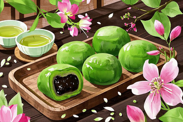 木盘里的青团雅韵清明节插画