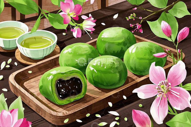 高清大图下载【趣麦麦图】木盘里的青团雅韵清明节插画