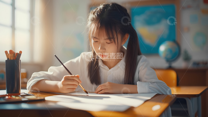 高清大图下载【趣麦麦图】教室里在画画的女学生人像摄影1