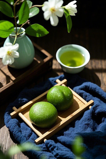 蓝布上的青团茶韵清明节摄影图1