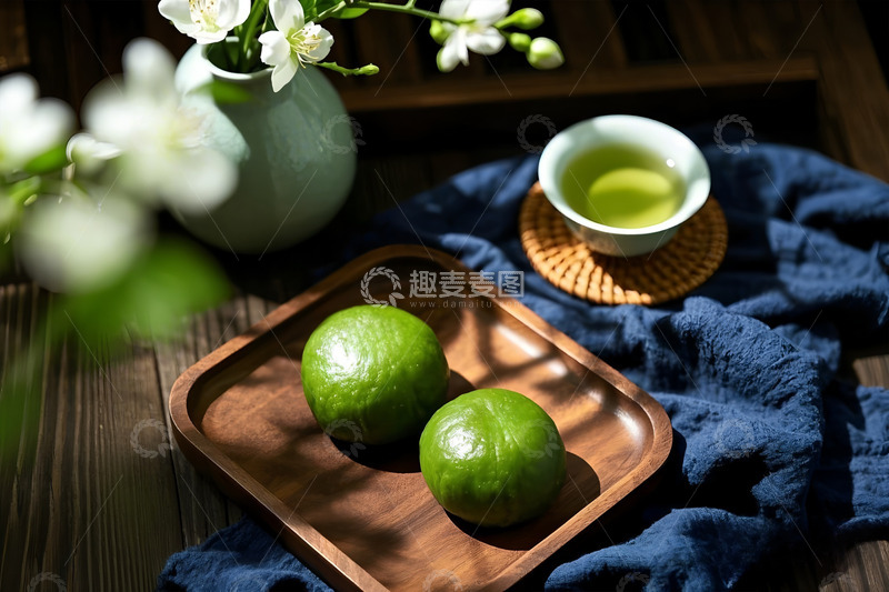 高清大图下载【趣麦麦图】蓝布上的青团茶韵清明节摄影图