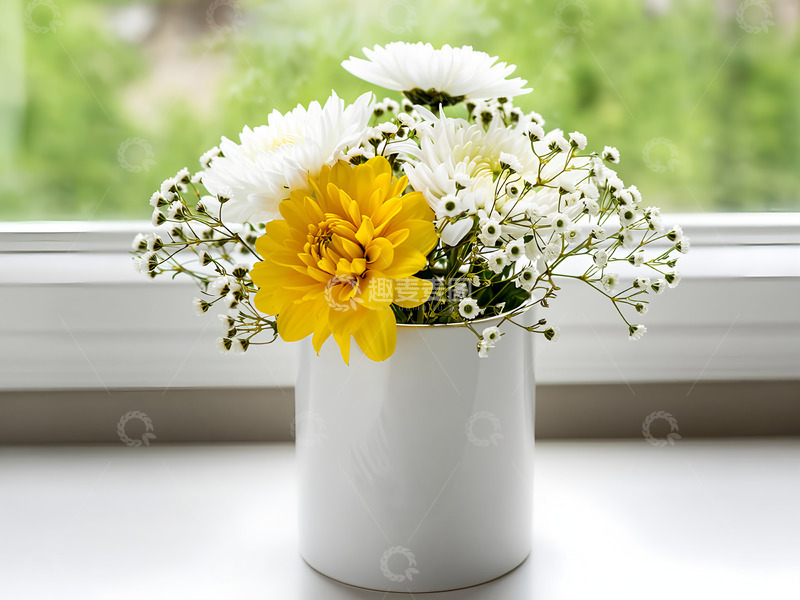 高清大图下载【趣麦麦图】白瓶中的黄白菊花摄影图