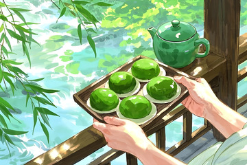 清明节手托青团美食插画