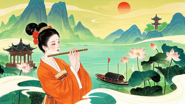 湖畔吹笛的佳人古风插画背景