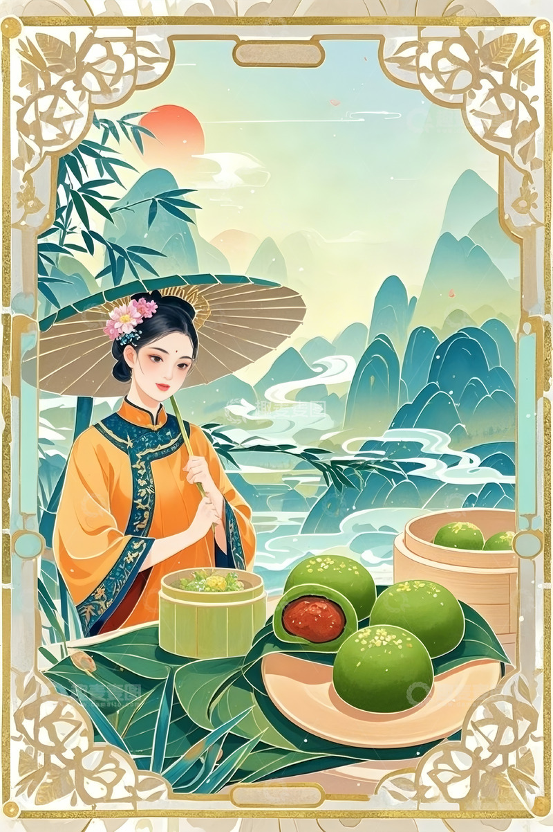 高清大图下载【趣麦麦图】清明时节女人青团古风插画背景