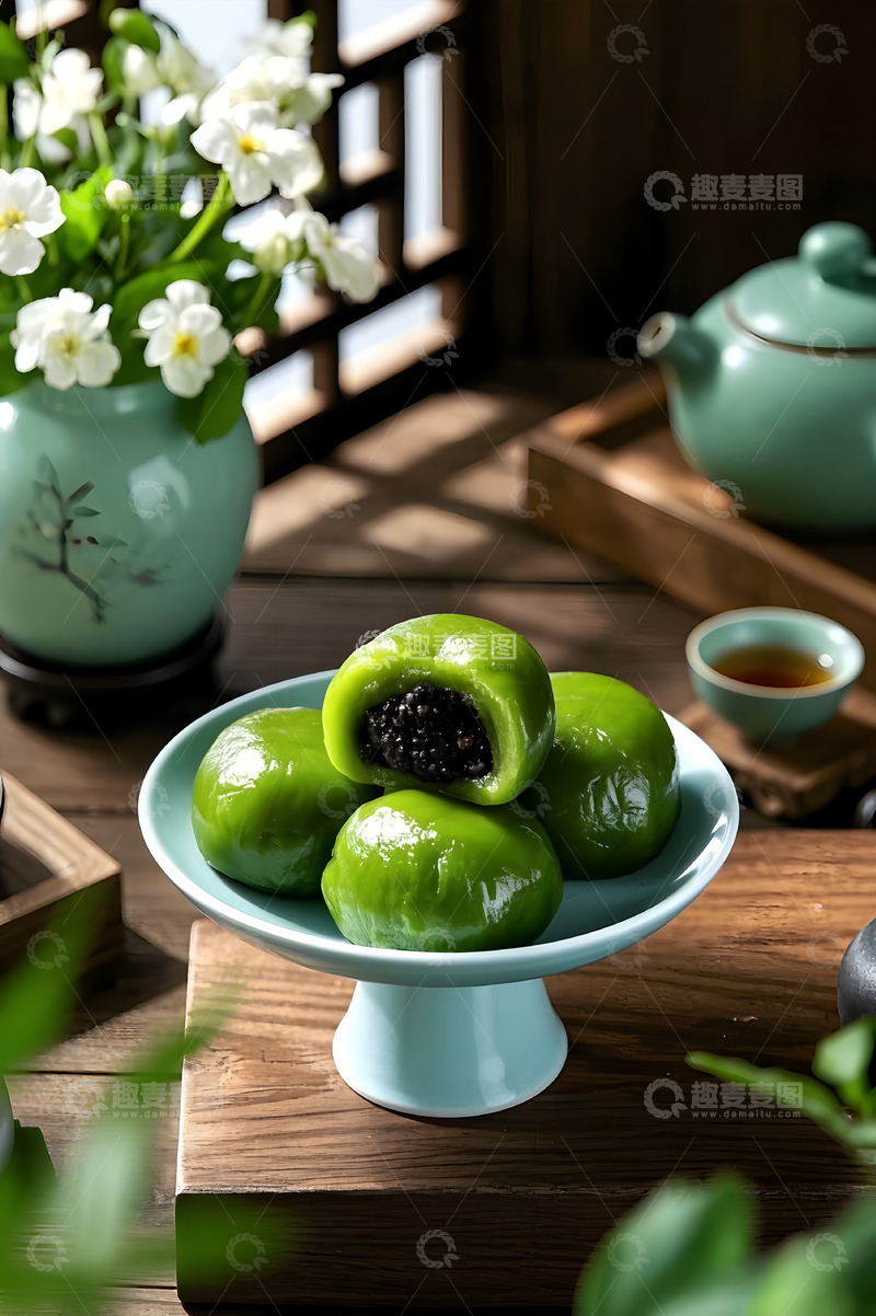 高清大图下载【趣麦麦图】茶韵中的青团美食摄影