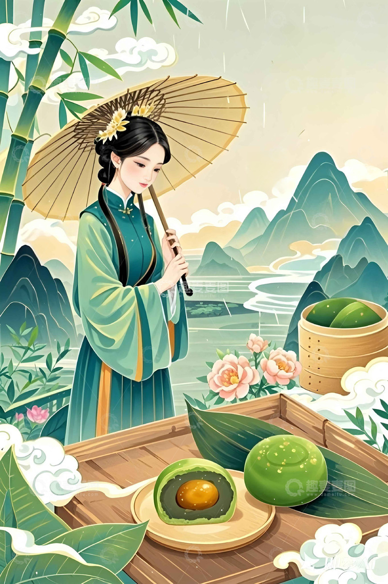 高清大图下载【趣麦麦图】清明时节的佳人青团国潮插画背景