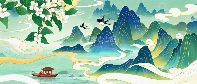 高清大图下载【趣麦麦图】清明时节的国潮插画背景