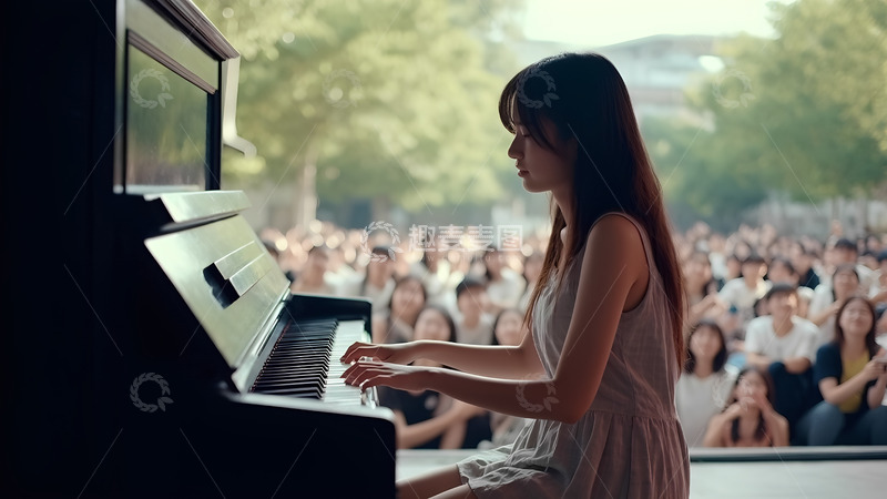 高清大图下载【趣麦麦图】正在校园演奏钢琴的女生人像摄影