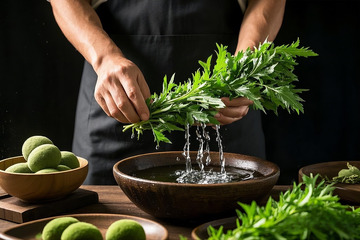 手工清洗艾草叶摄影图