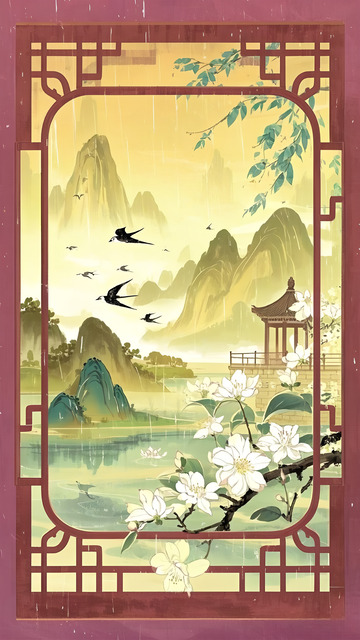 窗景中的清明雨韵清明节插画