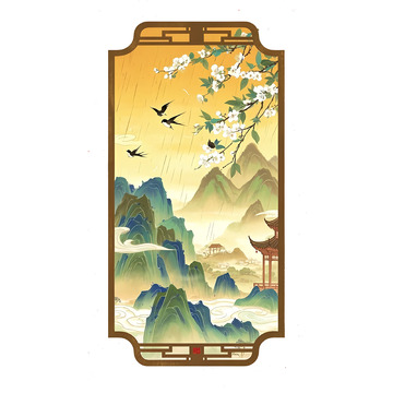 窗景中的清明雨韵清明节插画素材