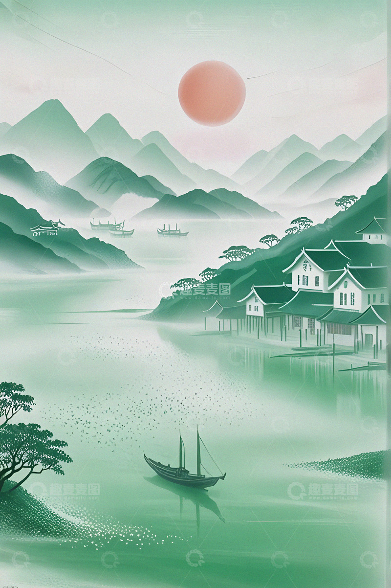 高清大图下载【趣麦麦图】清明时节山水情插画背景