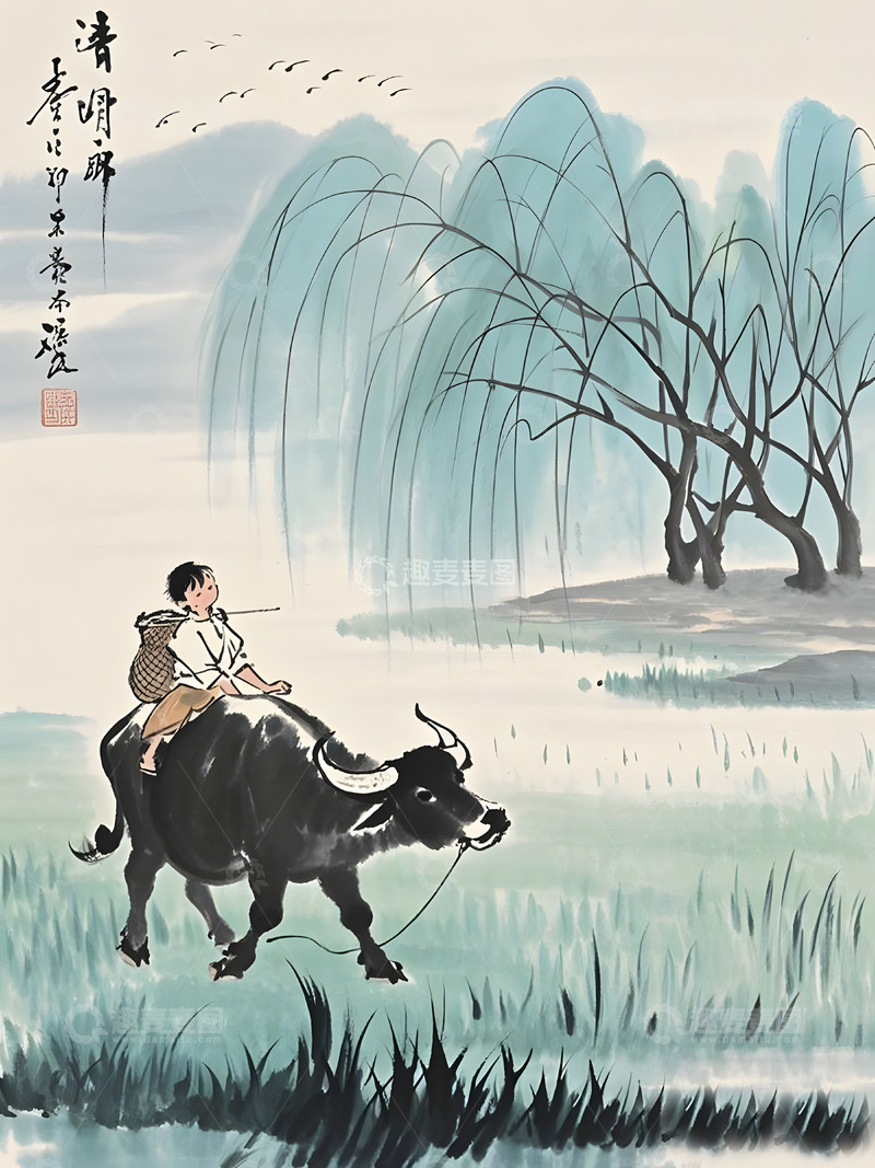 高清大图下载【趣麦麦图】清明节牧童主题海报背景图2