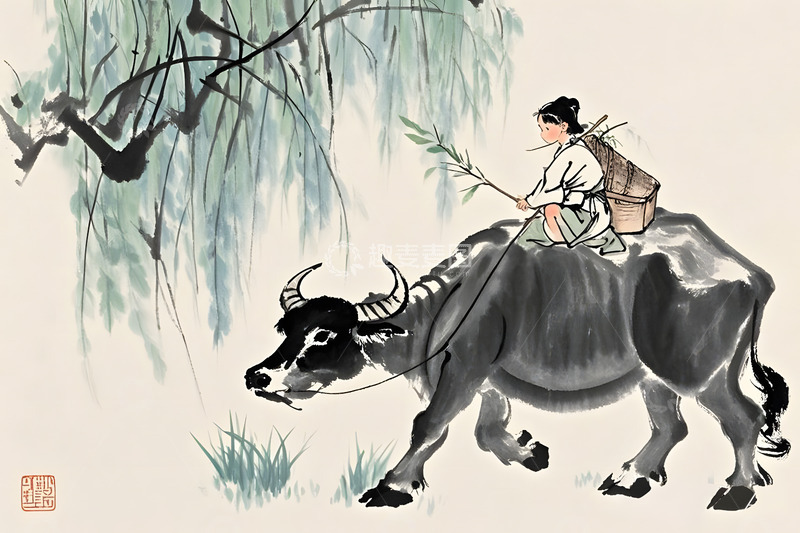 高清大图下载【趣麦麦图】清明节牧童主题海报背景图