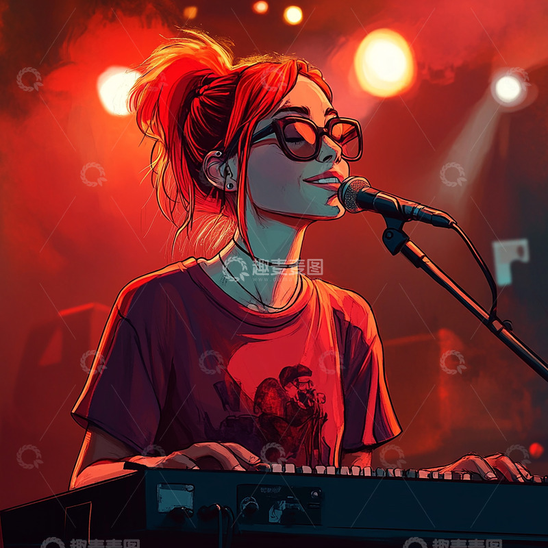 高清大图下载【趣麦麦图】插画女孩弹琴唱歌