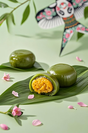 绿叶白花衬青团清明节美食摄影