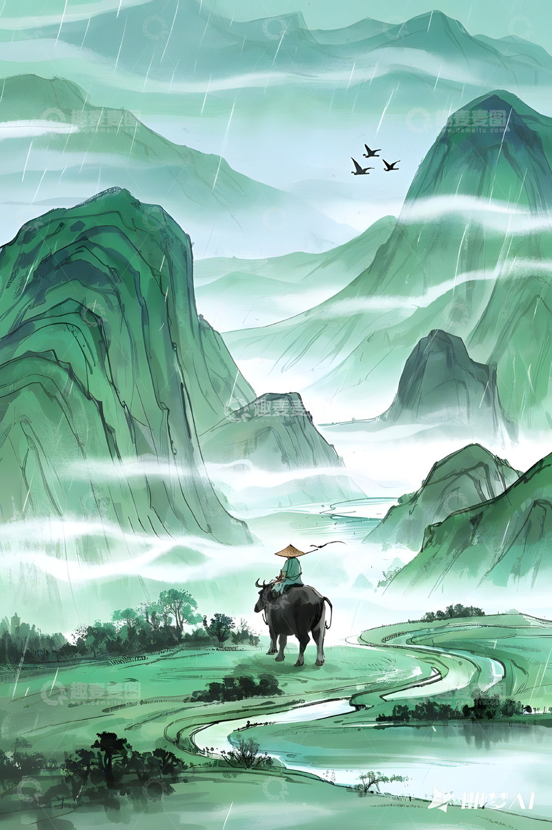高清大图下载【趣麦麦图】雨中清明牧牛景清明节插画背景