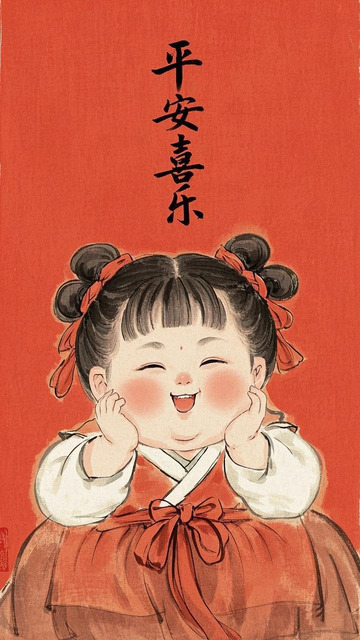 可爱胖女孩插画喜庆平安喜乐风格设计元素