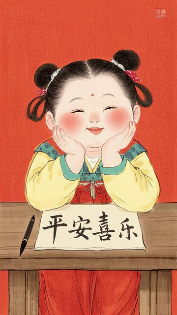 可以胖女孩喜庆过年平安喜乐插画