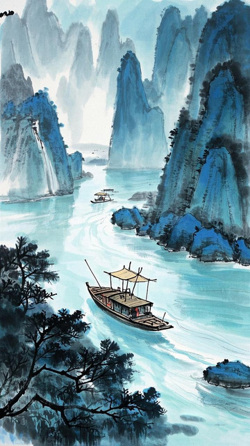 山水水墨画中国风扁舟素材