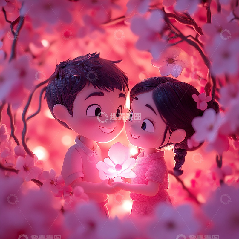 高清大图下载【趣麦麦图】粉色桃花女孩男孩插画1