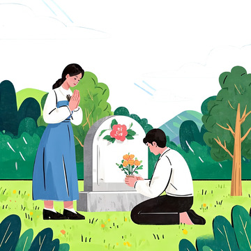 清明墓前的缅怀扫墓插画素材1