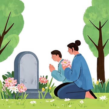 清明墓前的缅怀扫墓插画素材