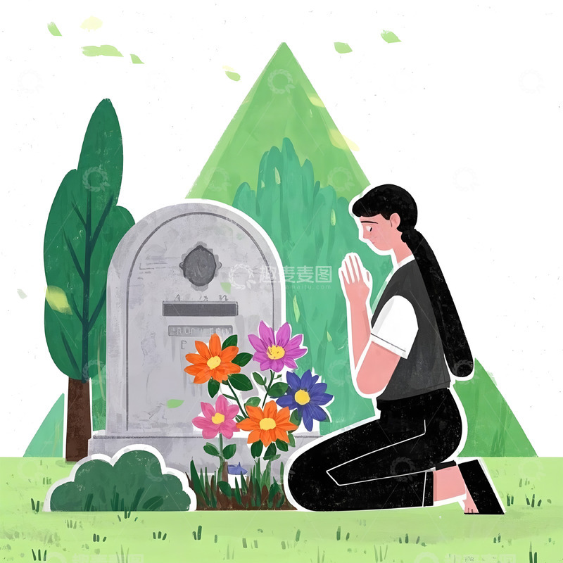 高清大图下载【趣麦麦图】清明墓前寄哀思插画素材