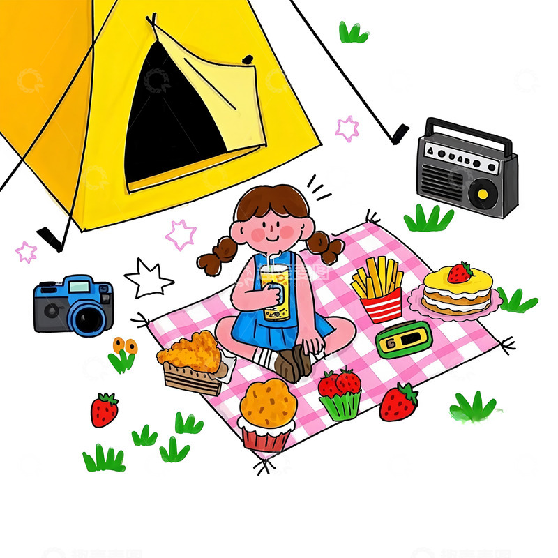 高清大图下载【趣麦麦图】欢乐的户外野餐露营卡通插画素材