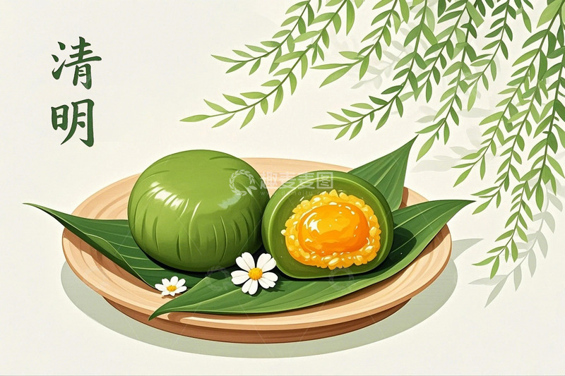 高清大图下载【趣麦麦图】中国风清明节青团酒壶柳树2