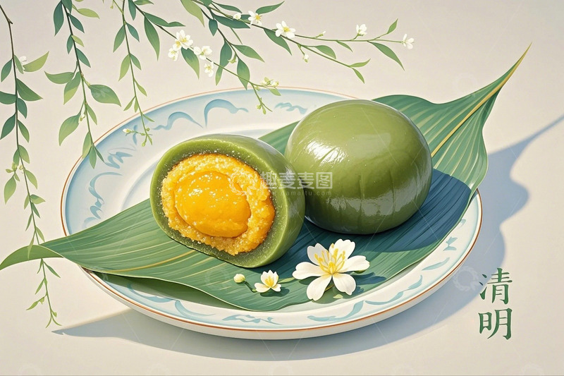 高清大图下载【趣麦麦图】中国风清明节青团酒壶柳树1