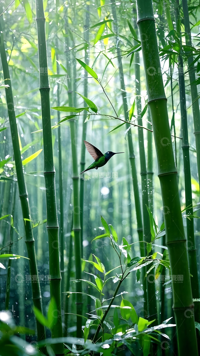 高清大图下载【趣麦麦图】清明雨下竹鸟图摄影图