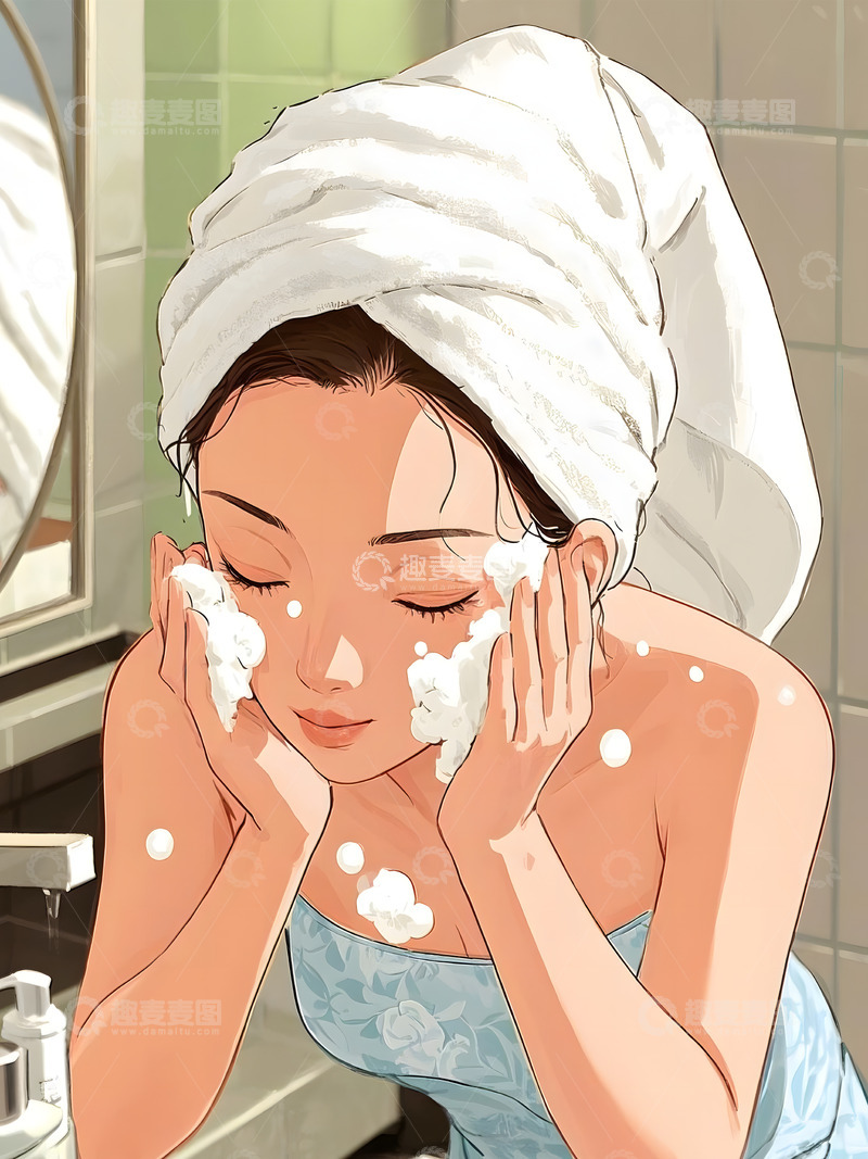 高清大图下载【趣麦麦图】-洁面泡沫洗脸的人物女士1