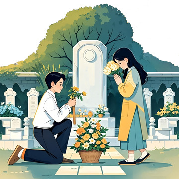 清明墓前寄哀思扫墓插画素材