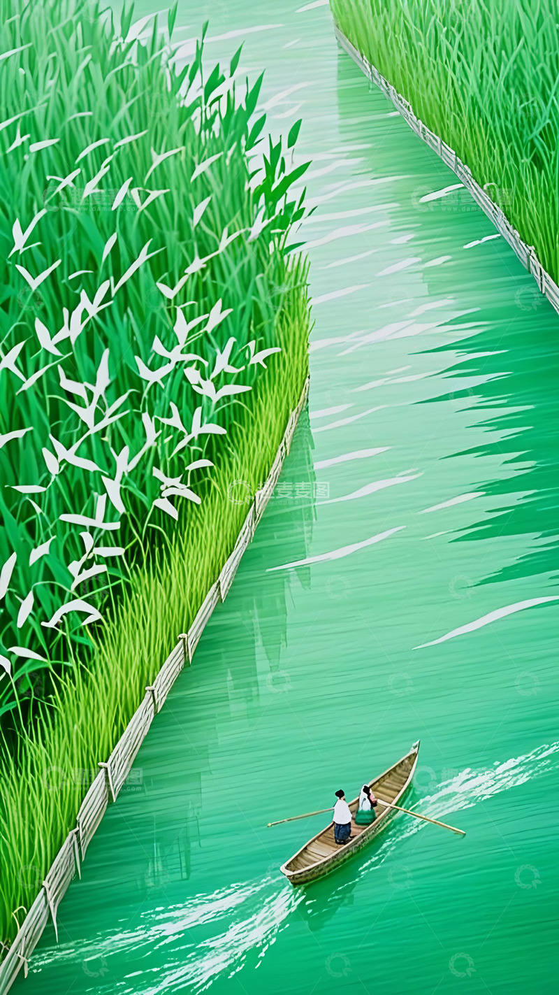 高清大图下载【趣麦麦图】节气插画水乡行舟图