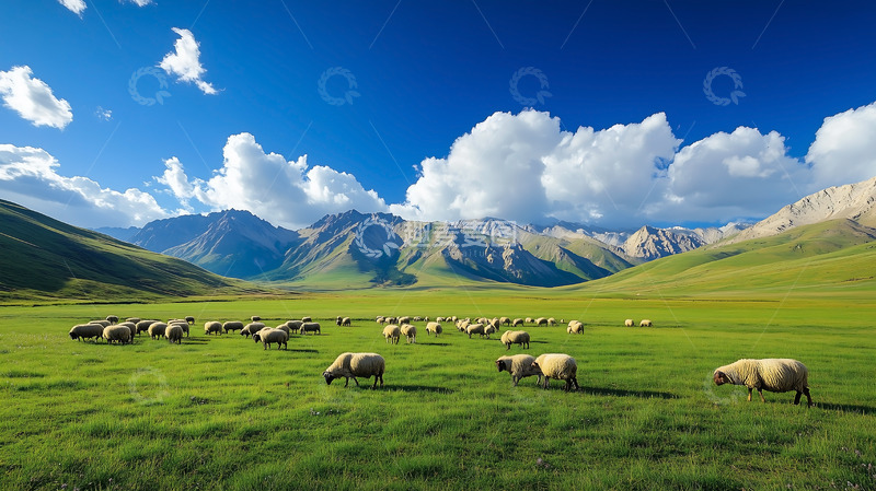 高清大图下载【趣麦麦图】羊群蓝天白云平原