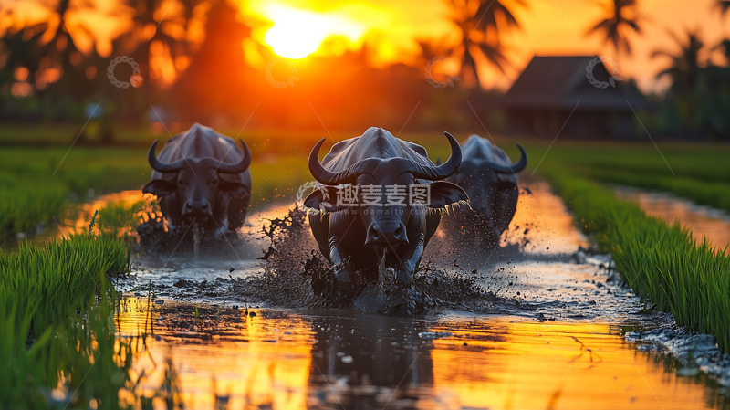 高清大图下载【趣麦麦图】夕阳稻田水牛