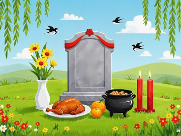 清明墓前的祭品扫墓插画