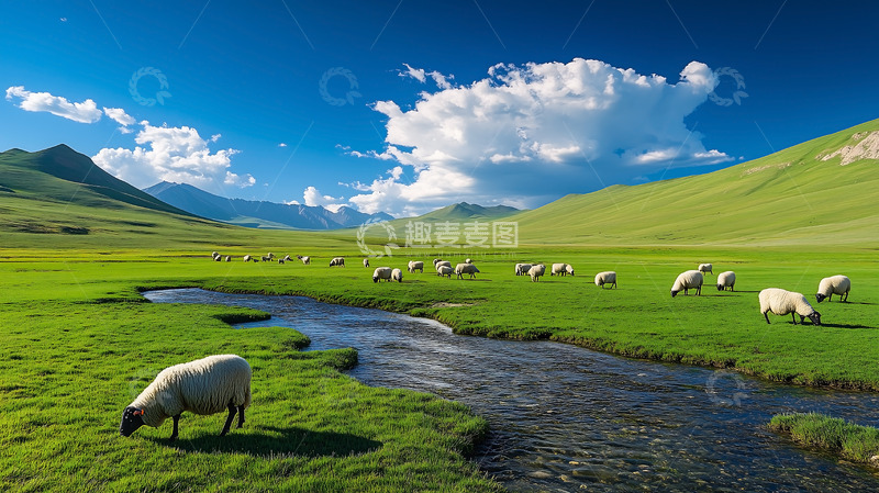 高清大图下载【趣麦麦图】平原河流羊群