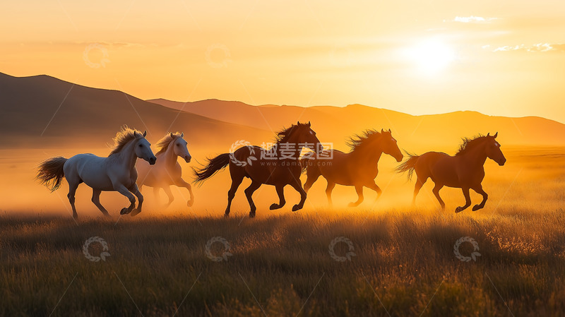 高清大图下载【趣麦麦图】草原骏马夕阳