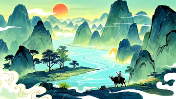 清明雨中山水牧歌国风插画背景