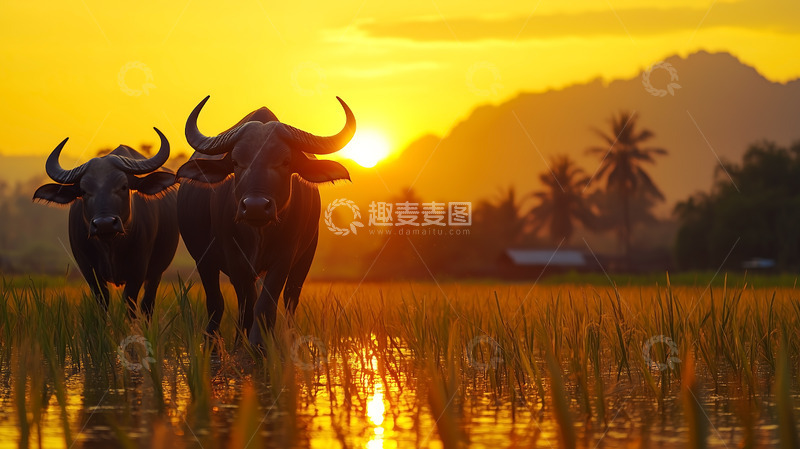高清大图下载【趣麦麦图】田野夕阳水牛