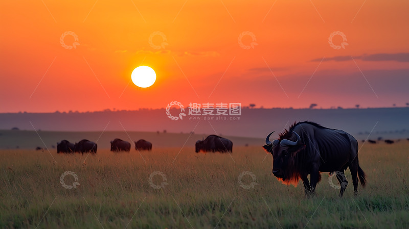 高清大图下载【趣麦麦图】平原草原牦牛夕阳